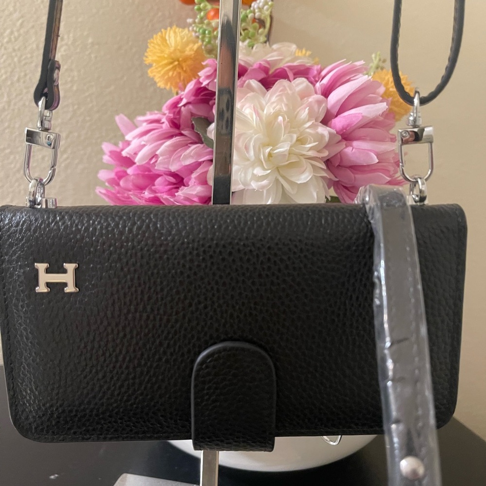 Hermenia   Mini  Black Leather Women's crossbody bag 7x 3.5 or wristlet